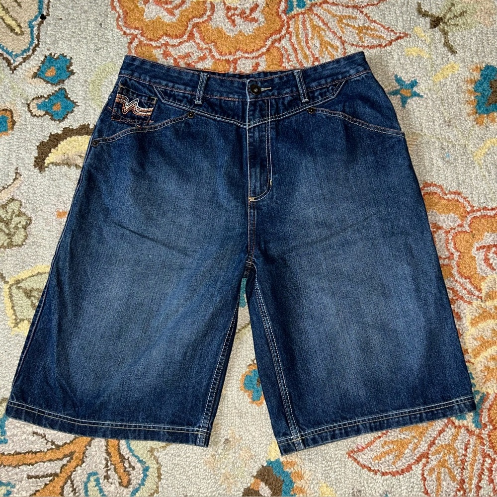 Knockout Blue Denim Baggy Jorts Shorts Y2K Skate Embroidered Streetwear Size 36